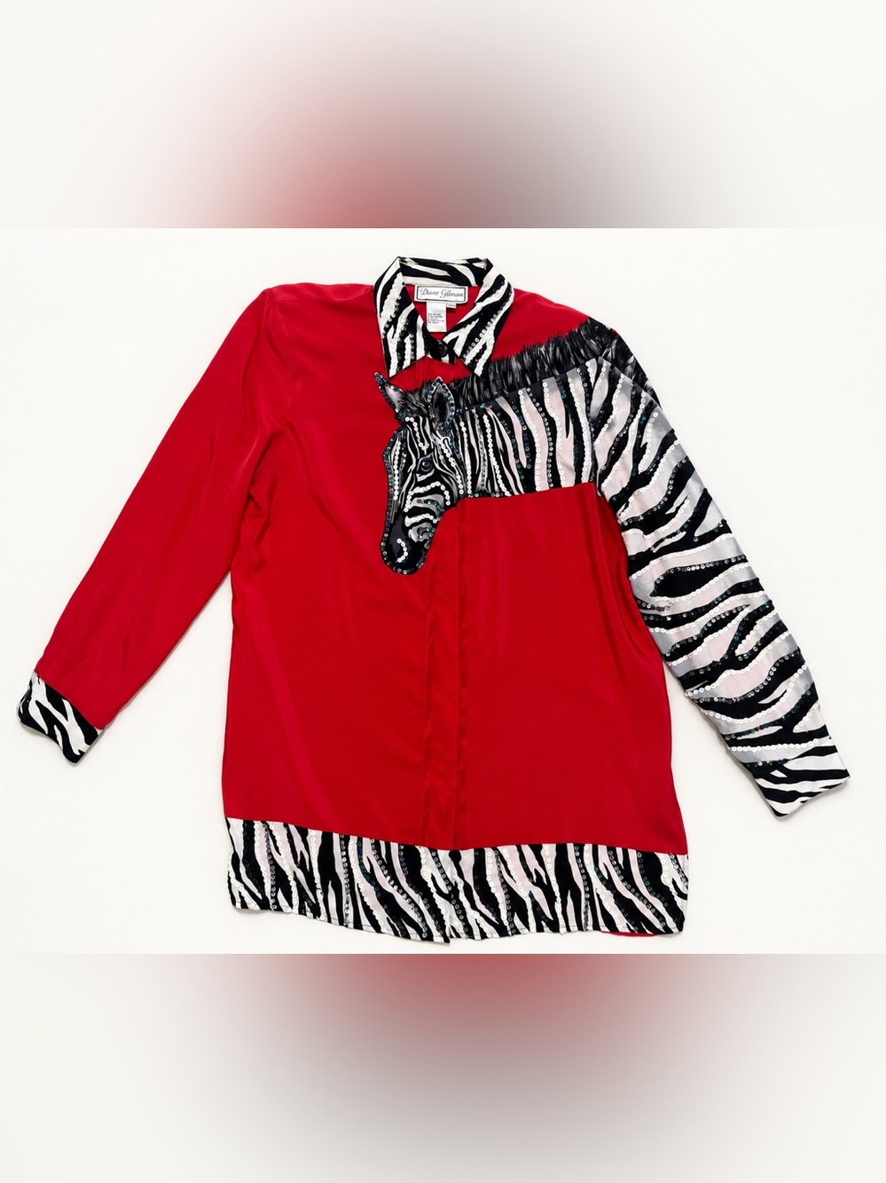 Diane Gilman 100% Silk Red Black Zebra Horse Iridescent Sequin Statement Blouse